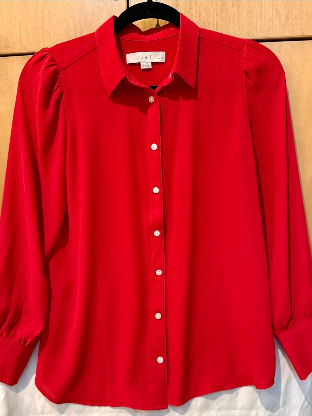 LOFT Red Button Front Blouse with Puff Sleeves